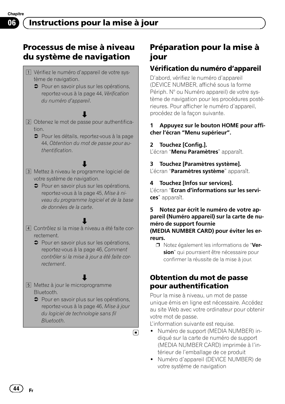Navigation, Préparation pour la mise à jour, Vérification du numéro d’appareil 44 | Obtention du mot de passe pour, Authentification, 06 instructions pour la mise à jour, Vérification du numéro d ’appareil, Obtention du mot de passe pour authentification | Pioneer AVIC-F9310BT User Manual | Page 44 / 128