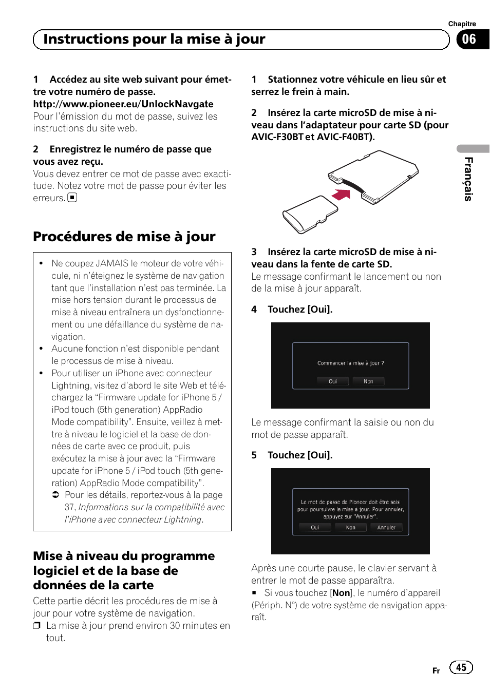 Procédures de mise à jour, Mise à niveau du programme logiciel et, De la base de données de la carte | 06 instructions pour la mise à jour | Pioneer AVIC-F9310BT User Manual | Page 45 / 128