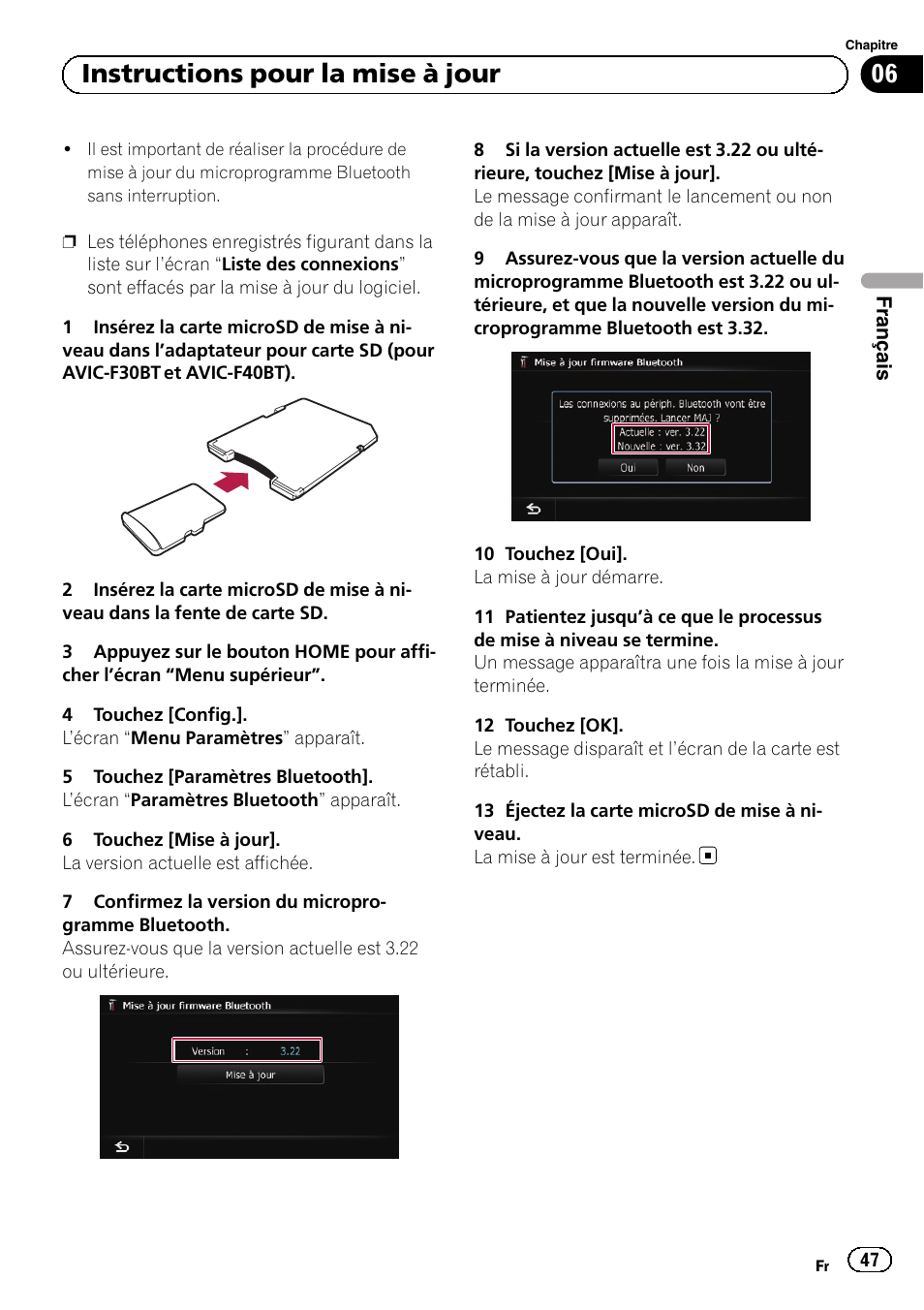 06 instructions pour la mise à jour | Pioneer AVIC-F9310BT User Manual | Page 47 / 128