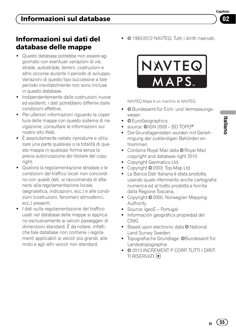 Mappe, Informazioni sui dati del database delle mappe, 02 informazioni sul database | Pioneer AVIC-F9310BT User Manual | Page 55 / 128