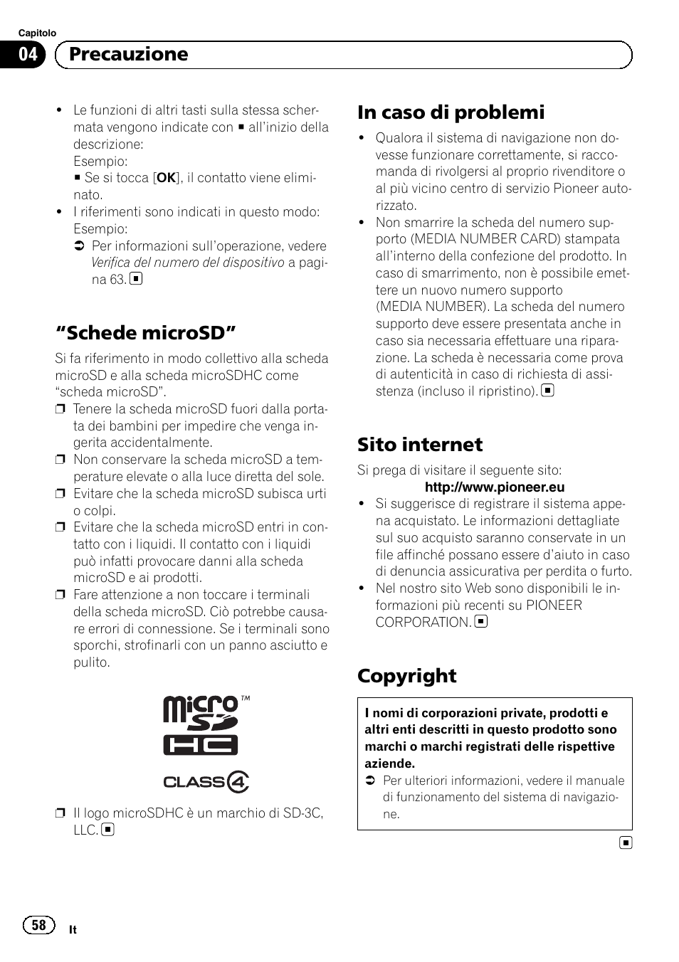 Schede microsd” 58 in caso di problemi, Sito internet, Copyright | Schede microsd, 04 precauzione | Pioneer AVIC-F9310BT User Manual | Page 58 / 128
