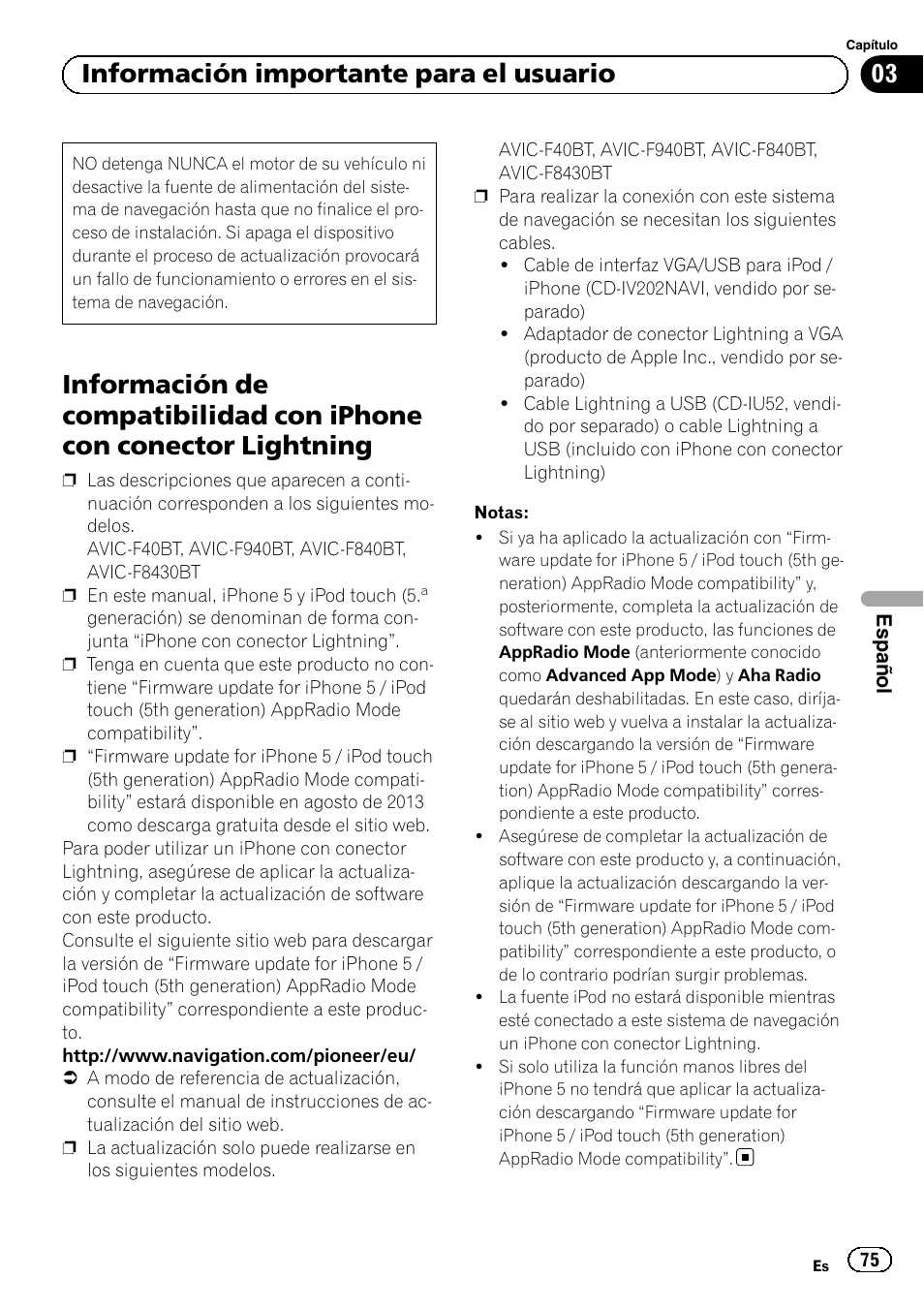 Con conector lightning, 03 información importante para el usuario | Pioneer AVIC-F9310BT User Manual | Page 75 / 128