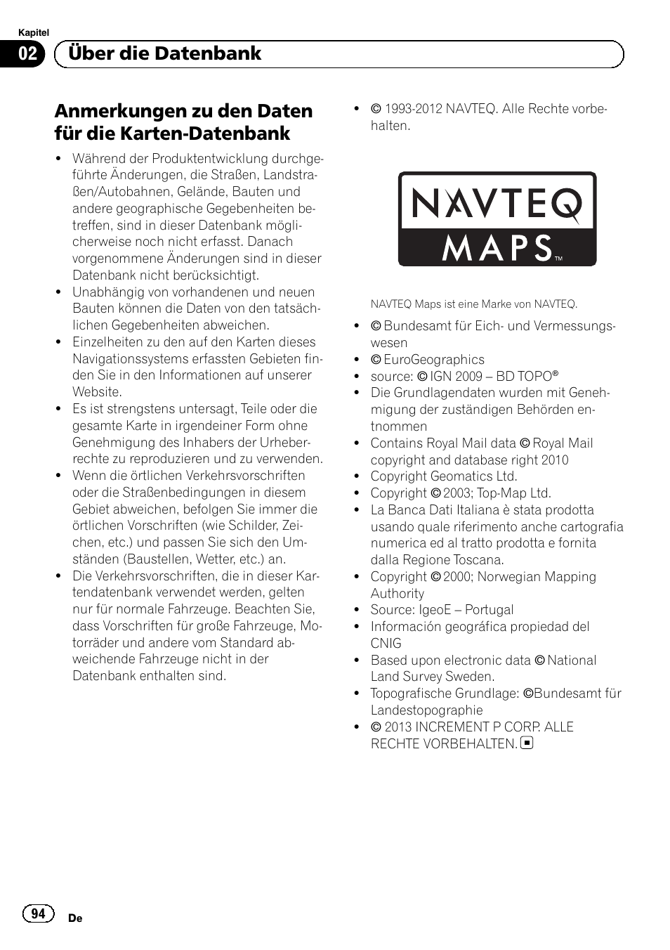 Datenbank, Anmerkungen zu den daten für die karten-datenbank, 02 über die datenbank | Pioneer AVIC-F9310BT User Manual | Page 94 / 128
