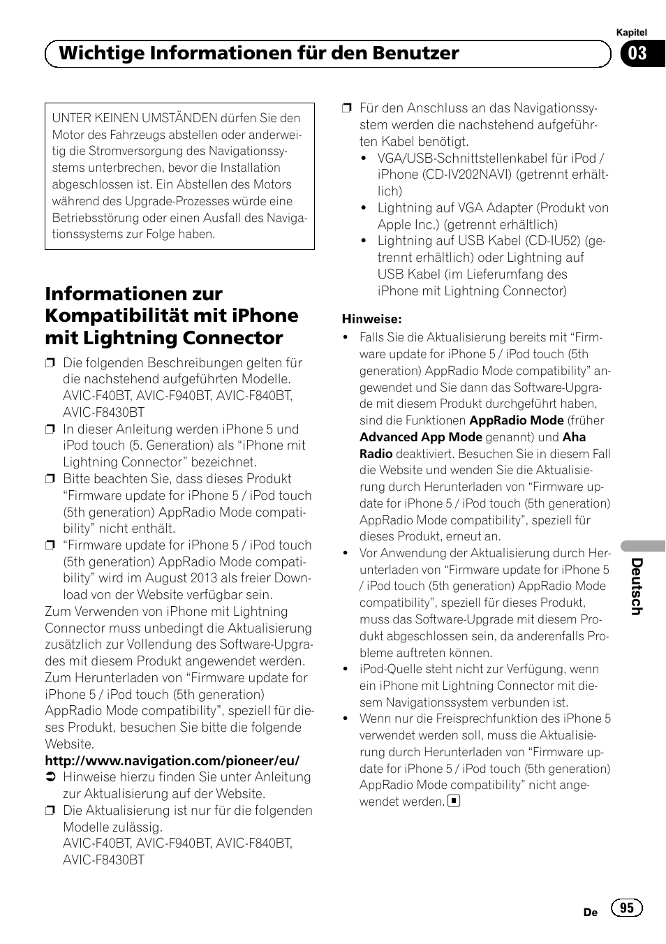 Mit lightning connector, 03 wichtige informationen für den benutzer | Pioneer AVIC-F9310BT User Manual | Page 95 / 128