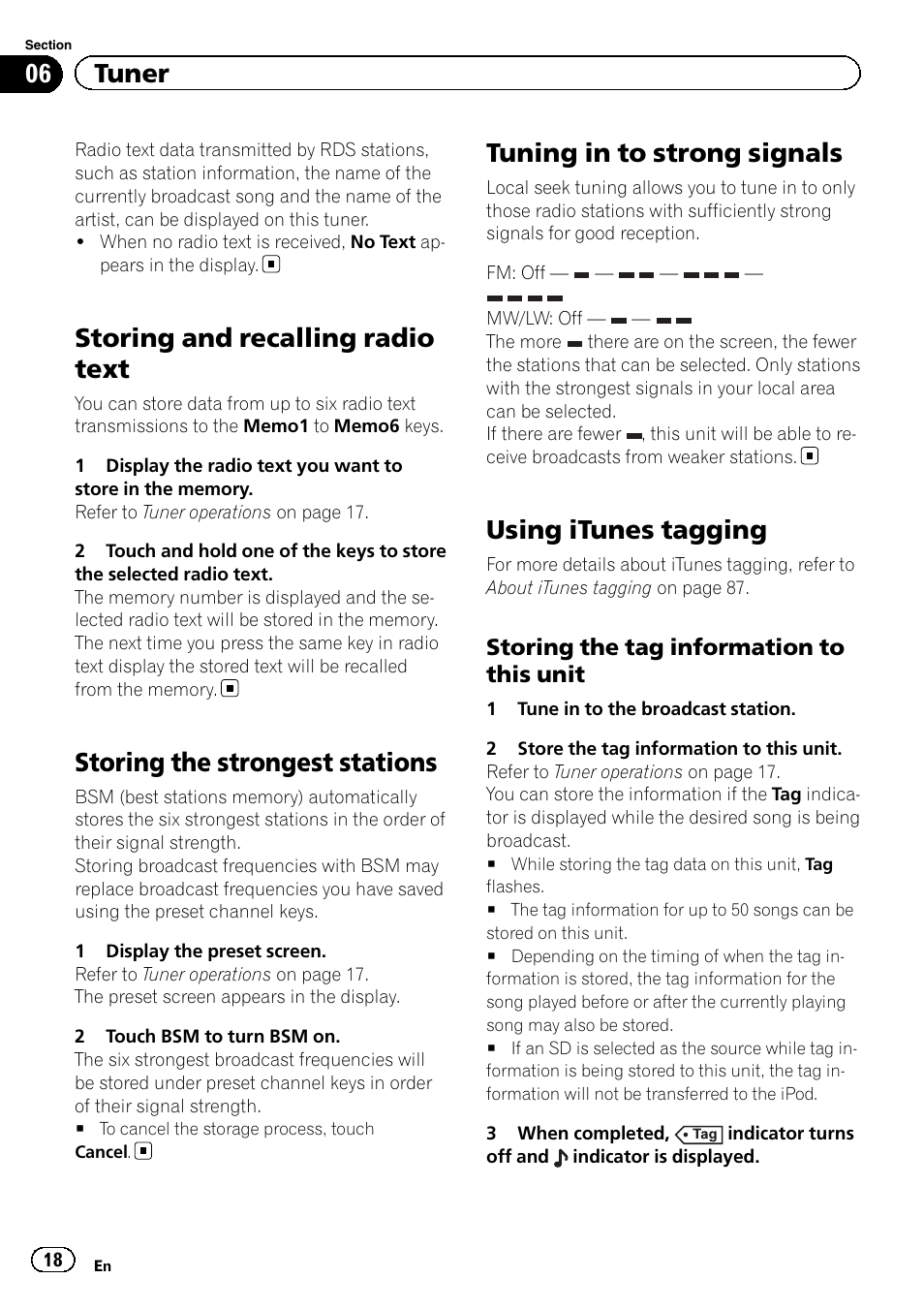 Storing and recalling radio text, Storing the strongest stations, Tuning in to strong signals | Using itunes tagging, 06 tuner | Pioneer AVH-X8500BT User Manual | Page 18 / 100