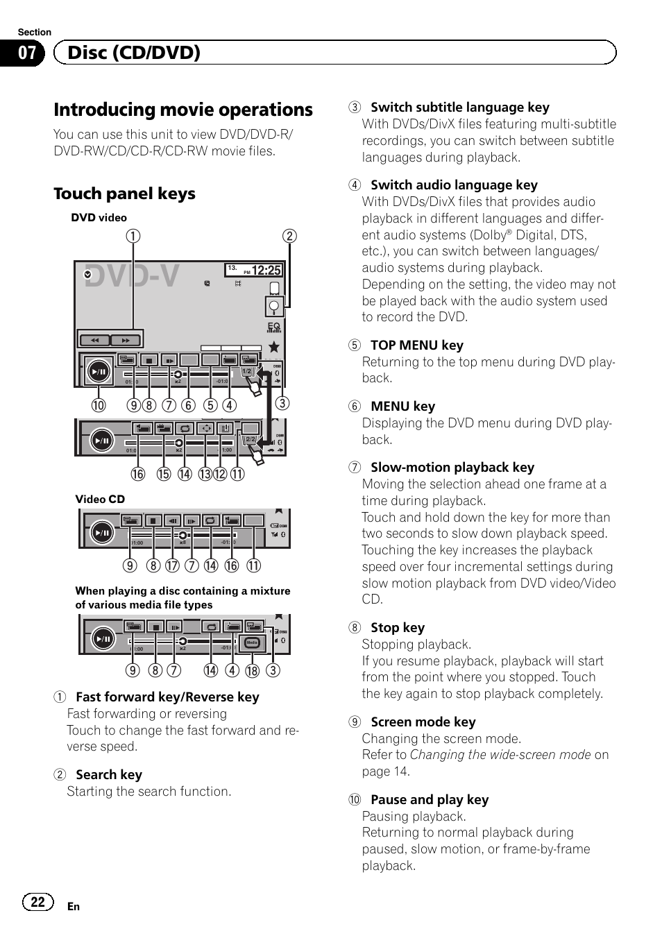 Disc (cd/dvd) introducing movie operations, Dvd-v, Introducing movie operations | 07 disc (cd/dvd), Touch panel keys, 9 8 h 7 e g b | Pioneer AVH-X8500BT User Manual | Page 22 / 100
