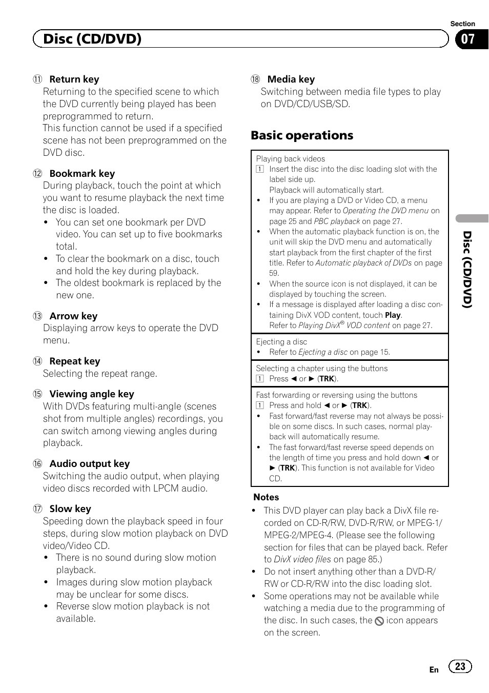 Disc (cd/dvd), Basic operations | Pioneer AVH-X8500BT User Manual | Page 23 / 100