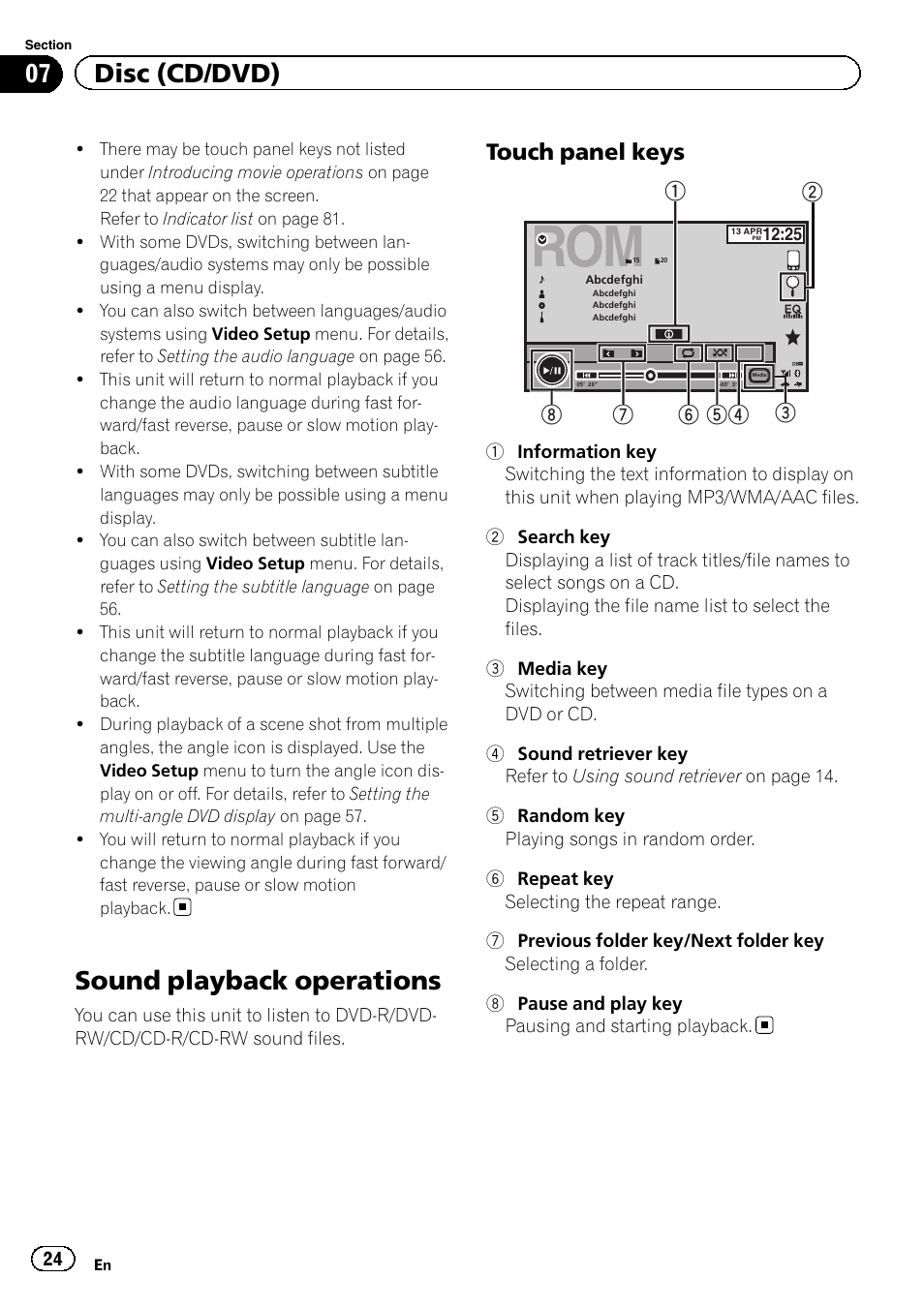 Sound playback operations, 07 disc (cd/dvd), Touch panel keys | Pioneer AVH-X8500BT User Manual | Page 24 / 100