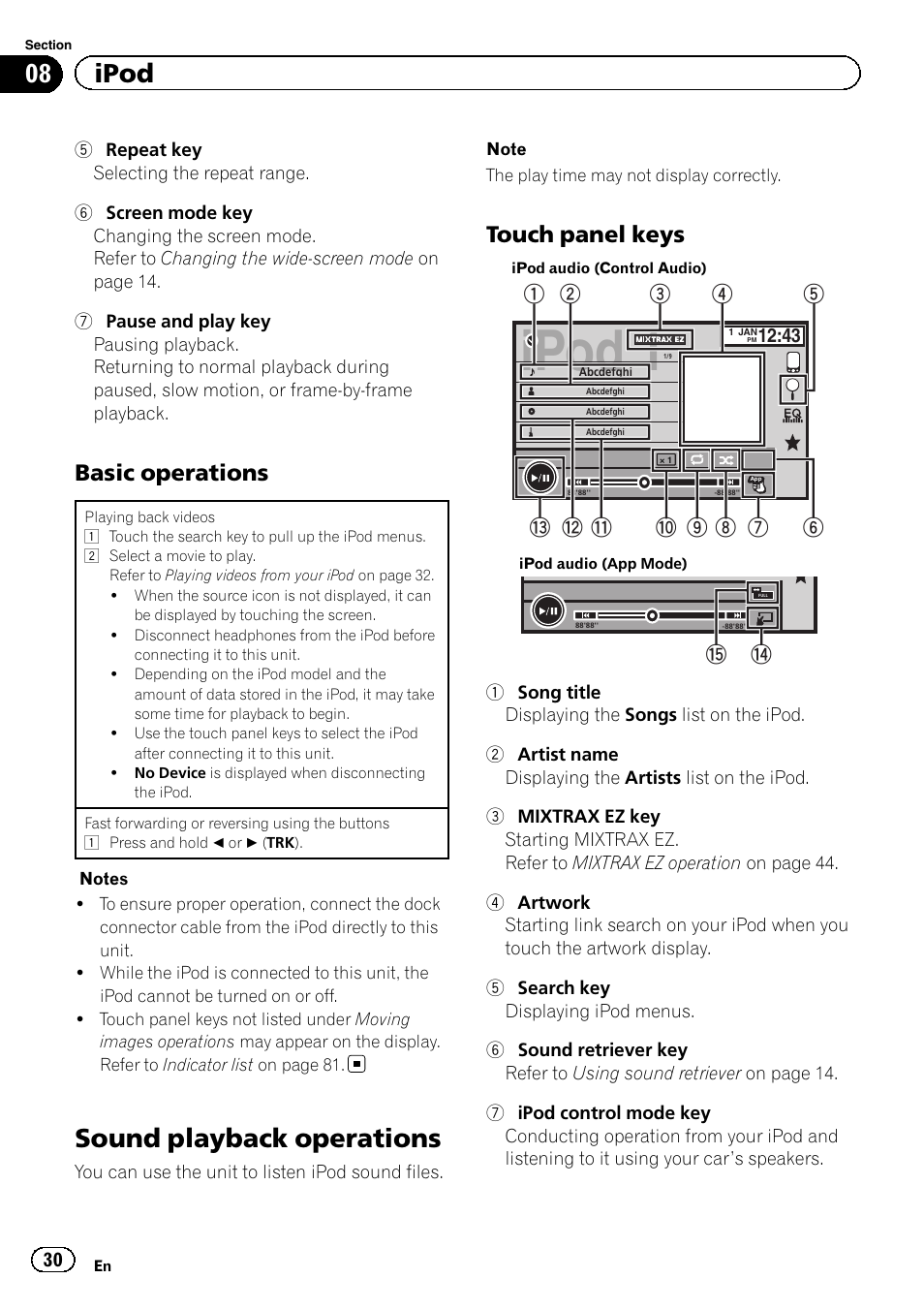 Sound playback operations, Ipod 1, 08 ipod | Basic operations, Touch panel keys | Pioneer AVH-X8500BT User Manual | Page 30 / 100