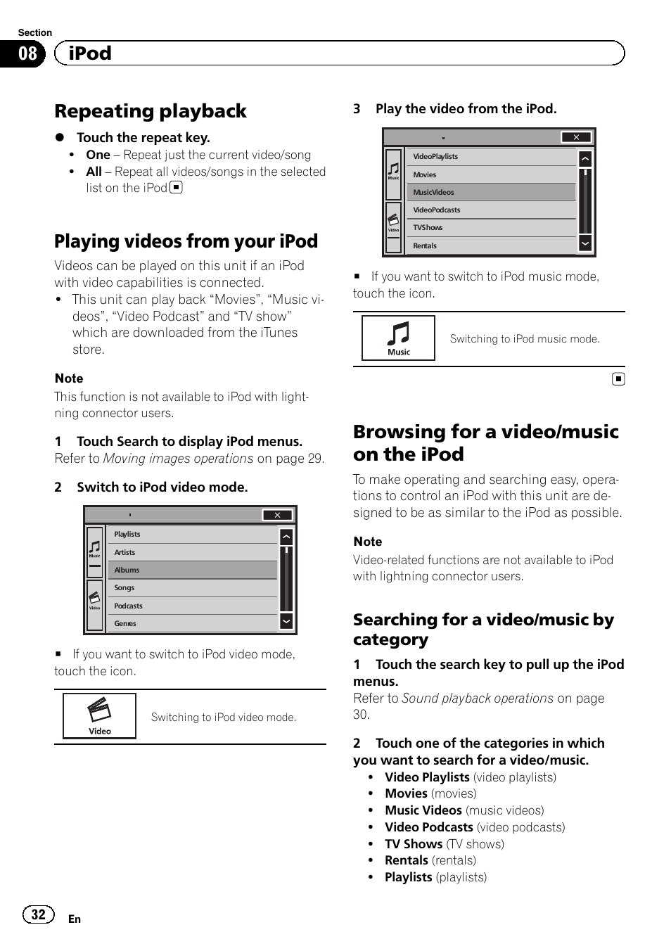 Repeating playback, Playing videos from your ipod, Browsing for a video/music on the ipod | 08 ipod, Searching for a video/music by category | Pioneer AVH-X8500BT User Manual | Page 32 / 100