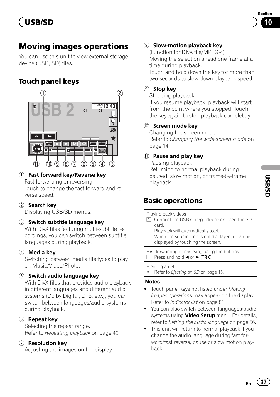 Usb/sd moving images operations, Usb 2, Moving images operations | Usb/sd, Touch panel keys, Basic operations | Pioneer AVH-X8500BT User Manual | Page 37 / 100