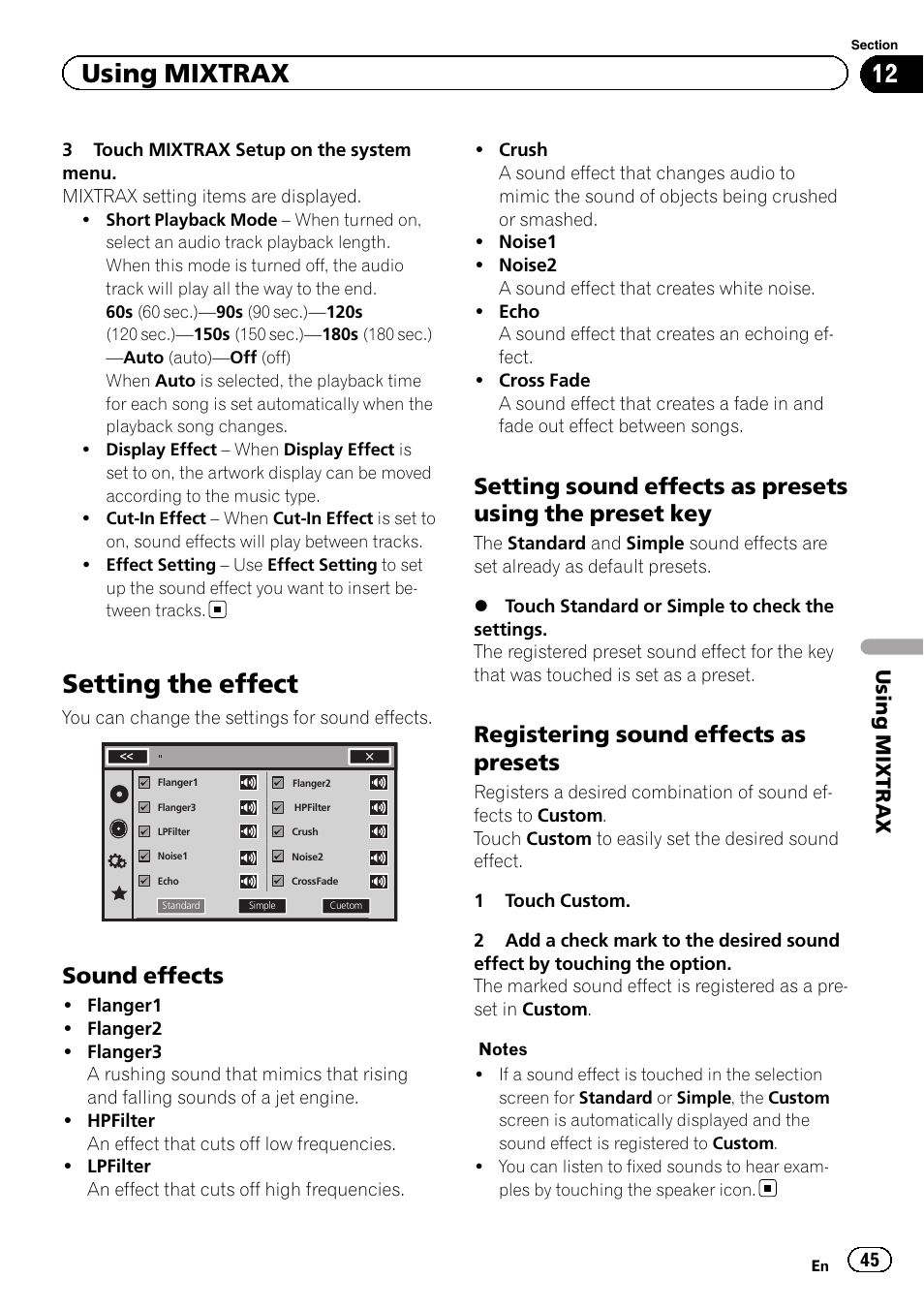 Setting the effect, Using mixtrax, Sound effects | Registering sound effects as presets | Pioneer AVH-X8500BT User Manual | Page 45 / 100