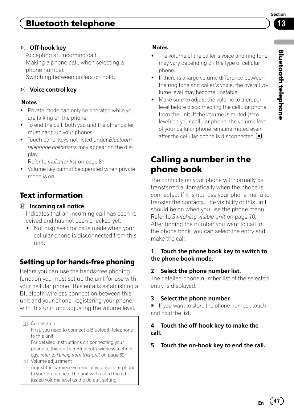 Calling a number in the phone book, Bluetooth telephone, Text information | Setting up for hands-free phoning | Pioneer AVH-X8500BT User Manual | Page 47 / 100