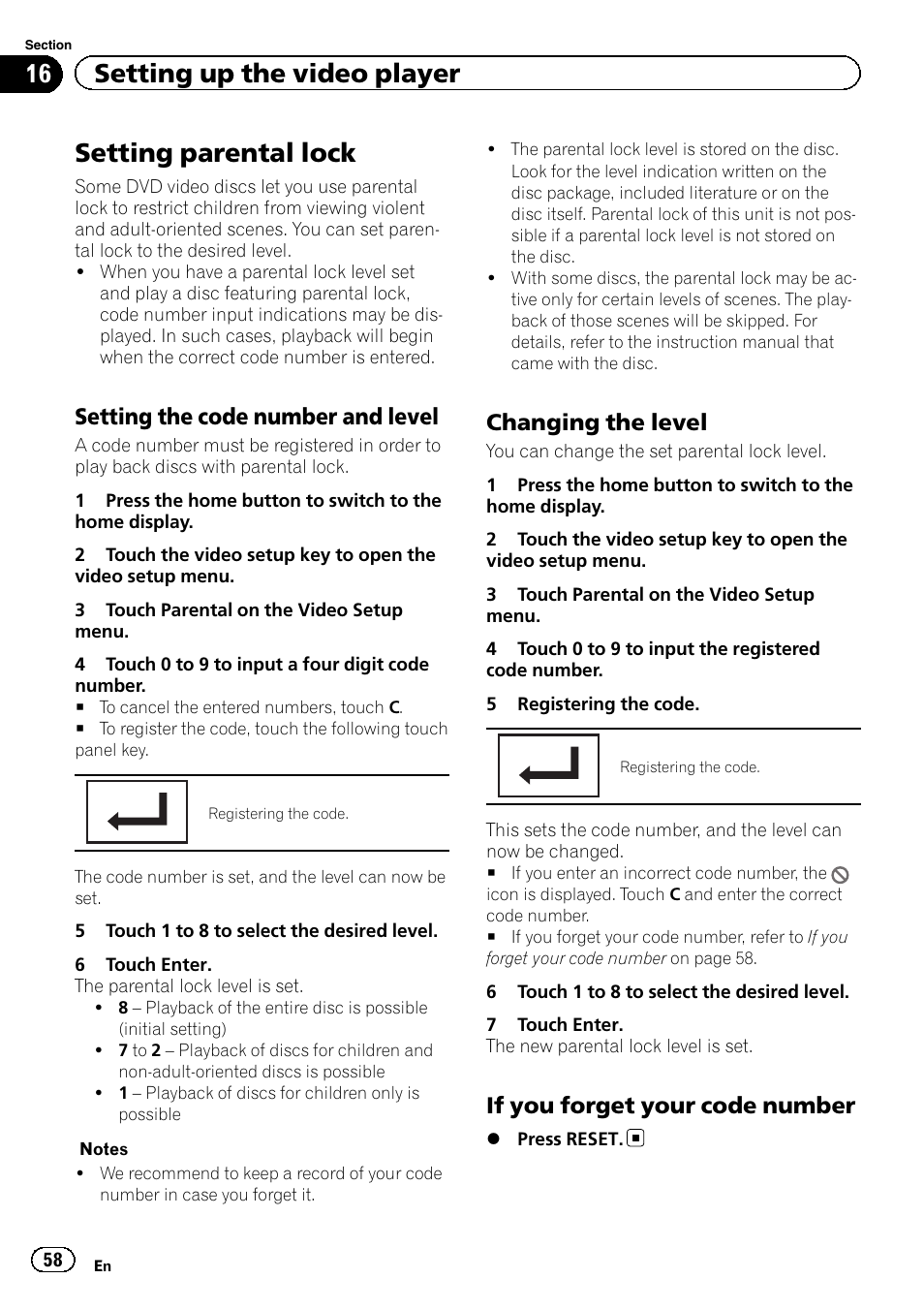 Setting parental lock, 16 setting up the video player, Setting the code number and level | Changing the level, If you forget your code number | Pioneer AVH-X8500BT User Manual | Page 58 / 100