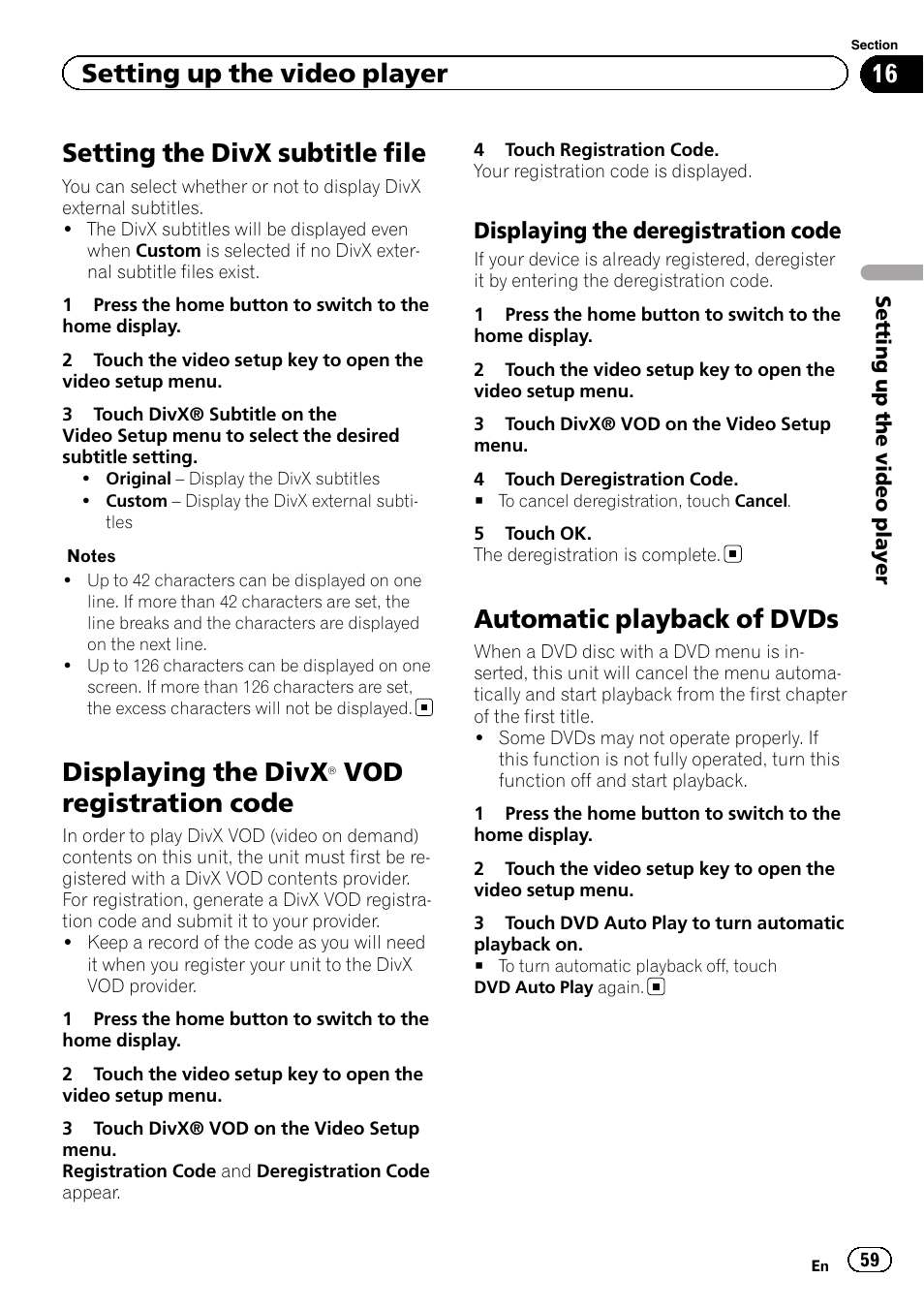 Setting the divx subtitle file, Displaying the divx, Â vod registration | Code, Automatic playback of dvds, Vod registration code, Setting up the video player, Displaying the deregistration code | Pioneer AVH-X8500BT User Manual | Page 59 / 100