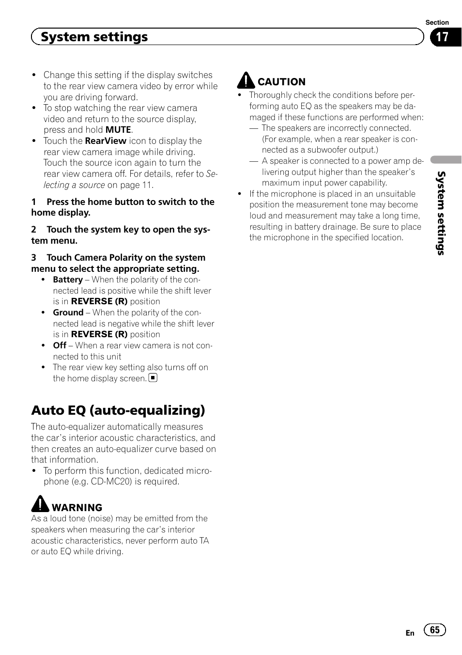 Auto eq (auto-equalizing), System settings | Pioneer AVH-X8500BT User Manual | Page 65 / 100