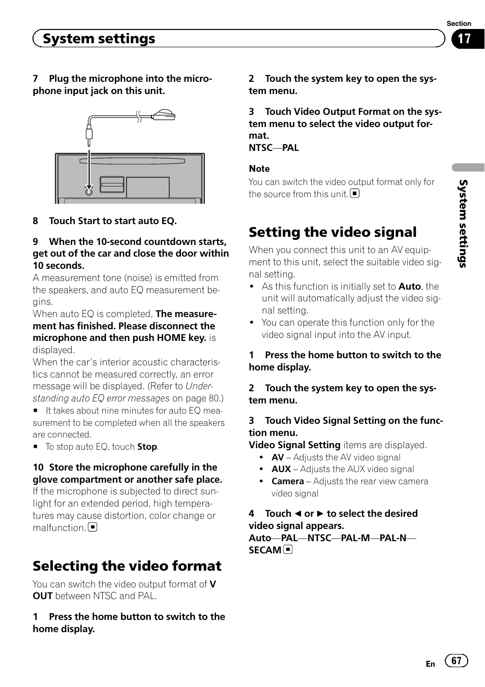 Selecting the video format, Setting the video signal, System settings | Pioneer AVH-X8500BT User Manual | Page 67 / 100