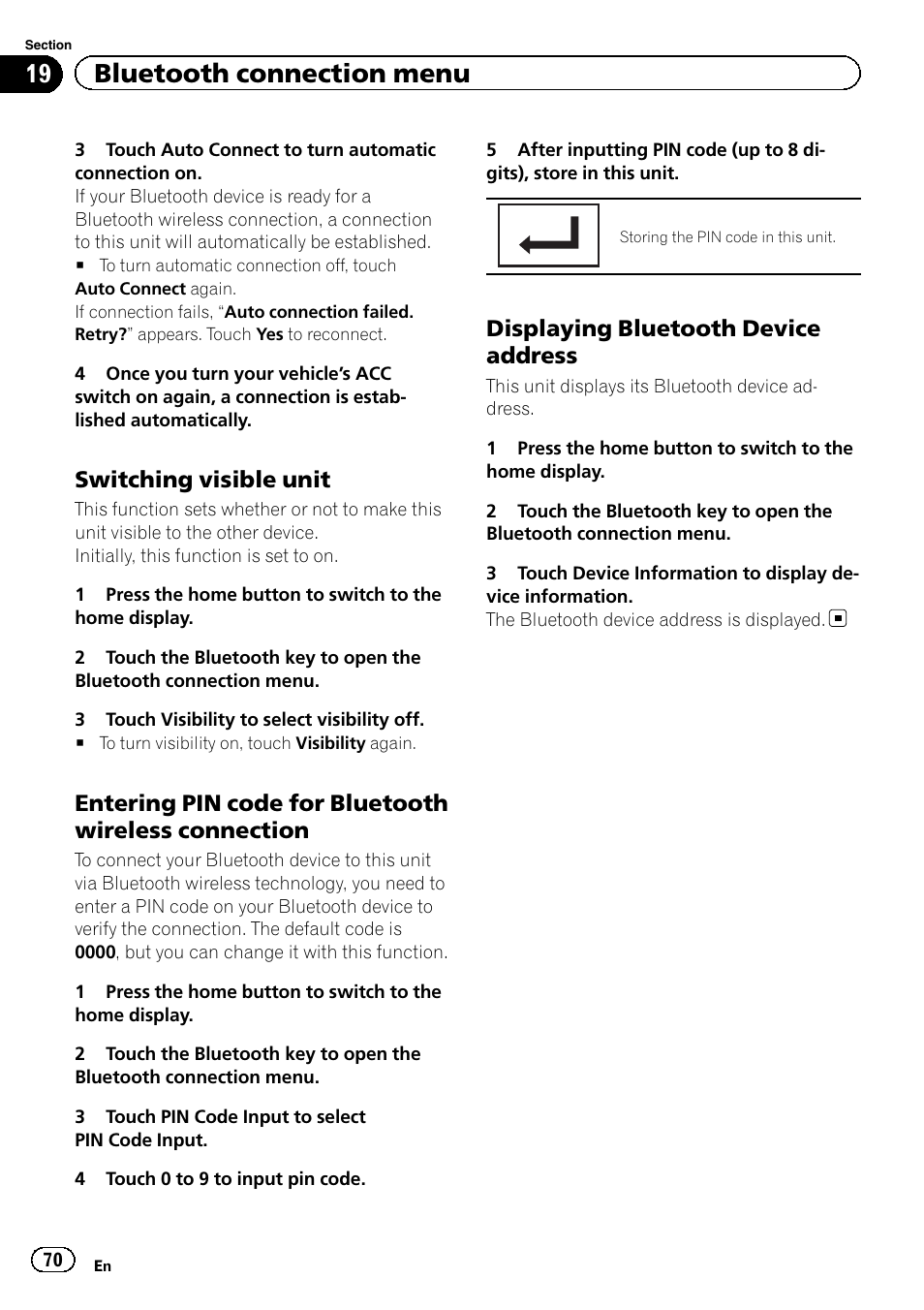 19 bluetooth connection menu, Switching visible unit, Displaying bluetooth device address | Pioneer AVH-X8500BT User Manual | Page 70 / 100