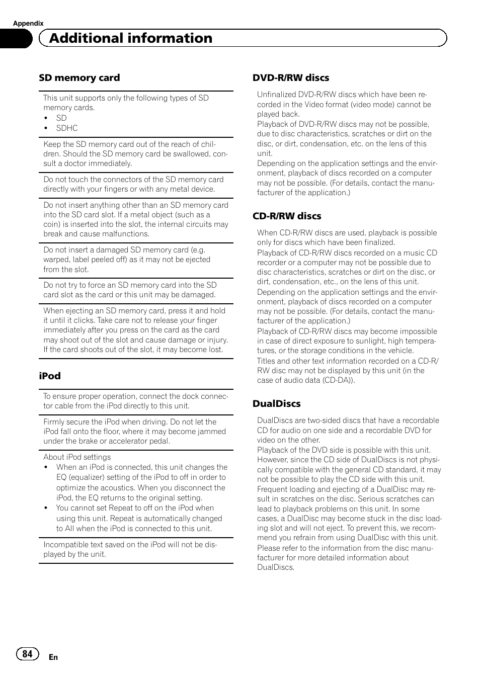 Additional information | Pioneer AVH-X8500BT User Manual | Page 84 / 100