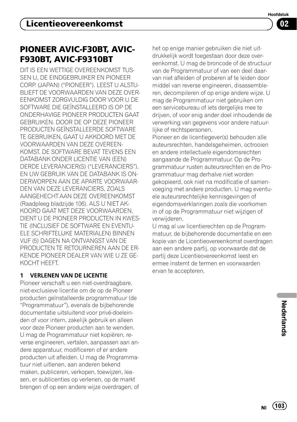 F9310bt, 02 licentieovereenkomst | Pioneer AVIC-F30BT User Manual | Page 103 / 124