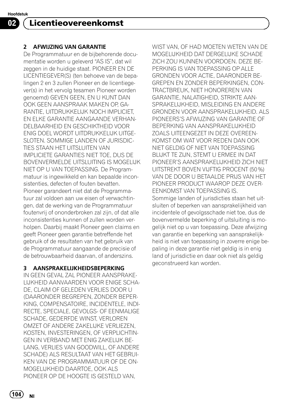 02 licentieovereenkomst | Pioneer AVIC-F30BT User Manual | Page 104 / 124
