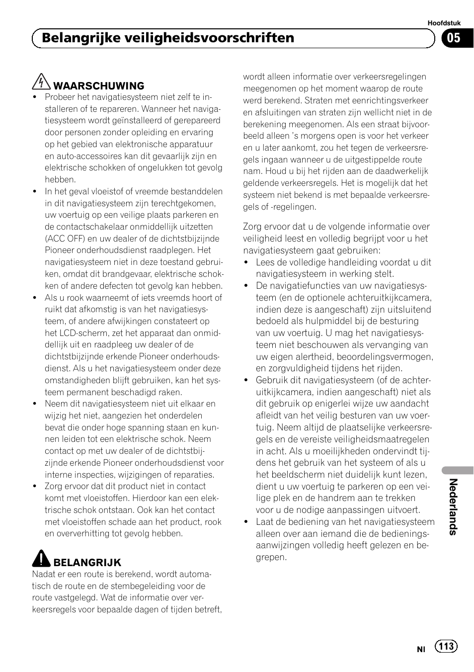 Belangrijke veiligheidsvoorschriften, 05 belangrijke veiligheidsvoorschriften | Pioneer AVIC-F30BT User Manual | Page 113 / 124
