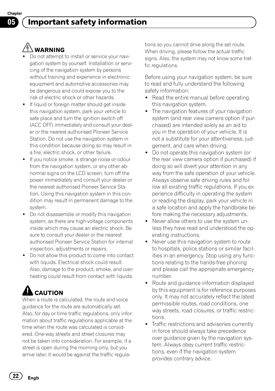 Important safety information, 05 important safety information | Pioneer AVIC-F30BT User Manual | Page 22 / 124