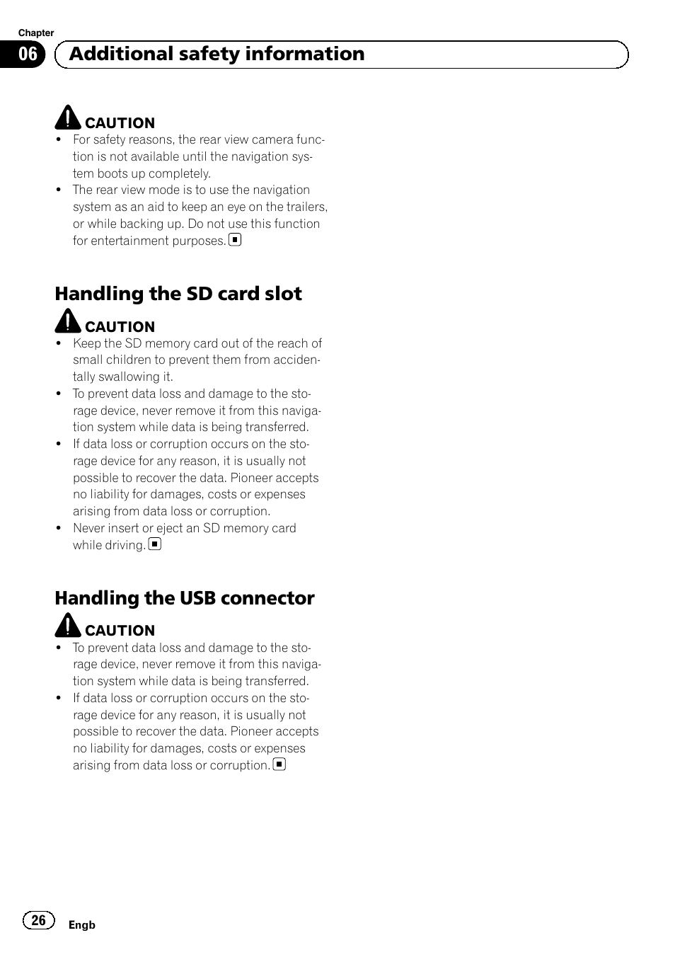 Handling the sd card slot, Handling the usb connector, 06 additional safety information | Pioneer AVIC-F30BT User Manual | Page 26 / 124