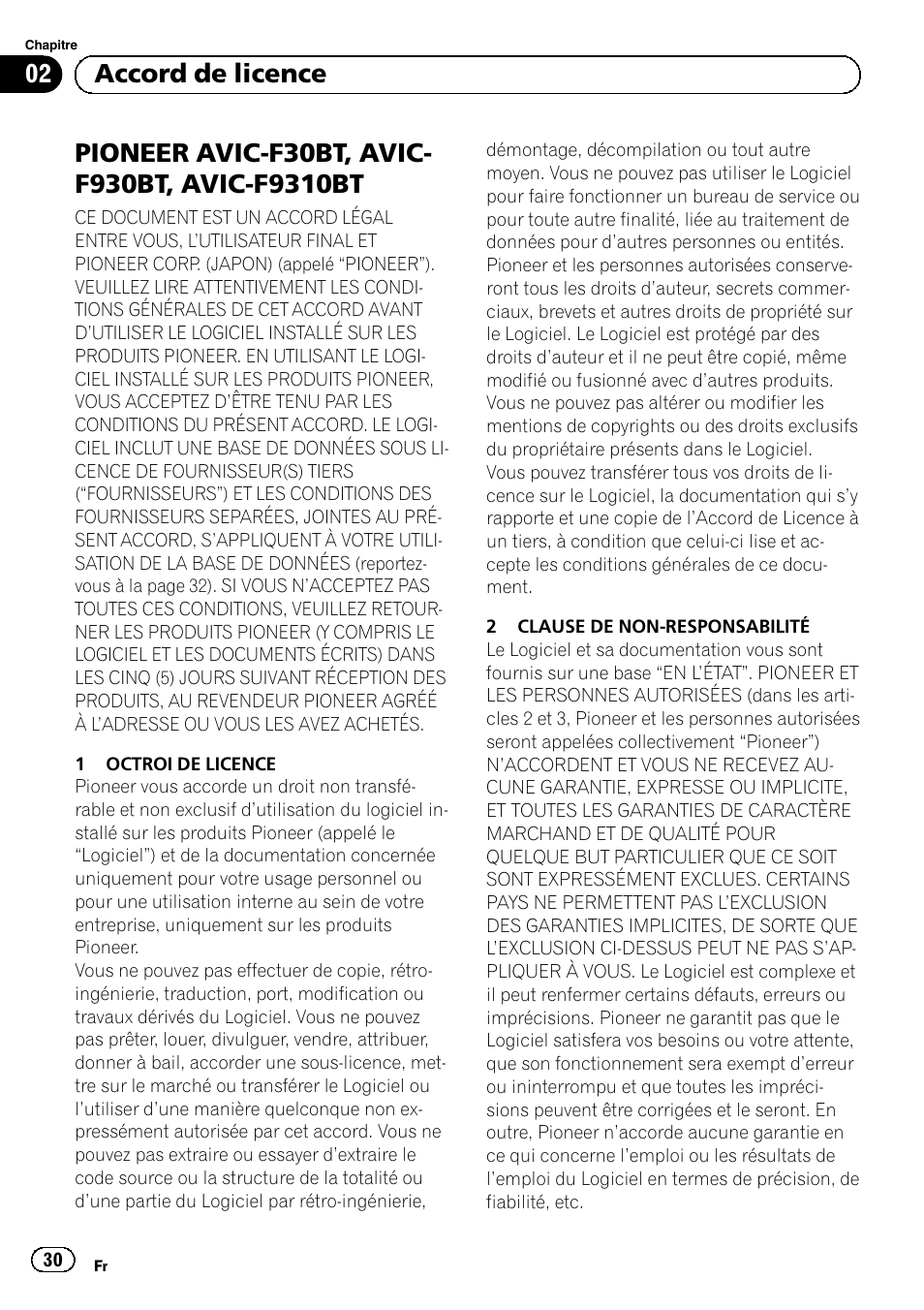 F9310bt, 02 accord de licence | Pioneer AVIC-F30BT User Manual | Page 30 / 124