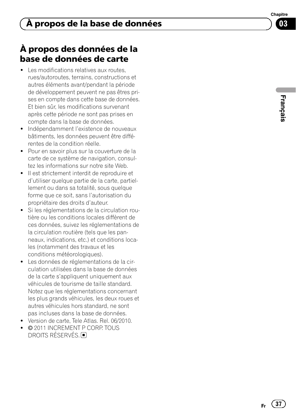 De carte, 03 à propos de la base de données | Pioneer AVIC-F30BT User Manual | Page 37 / 124