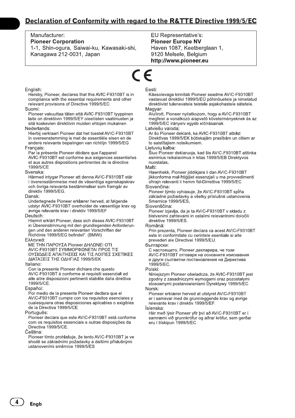 Pioneer AVIC-F30BT User Manual | Page 4 / 124