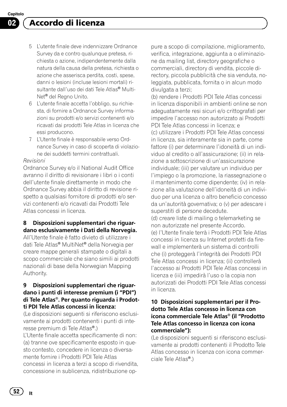 02 accordo di licenza | Pioneer AVIC-F30BT User Manual | Page 52 / 124