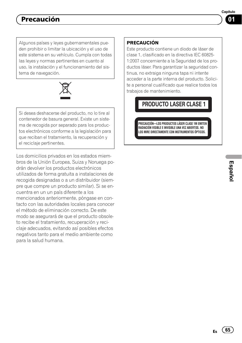 Precaución, 01 precaución, Producto laser clase 1 | Pioneer AVIC-F30BT User Manual | Page 65 / 124