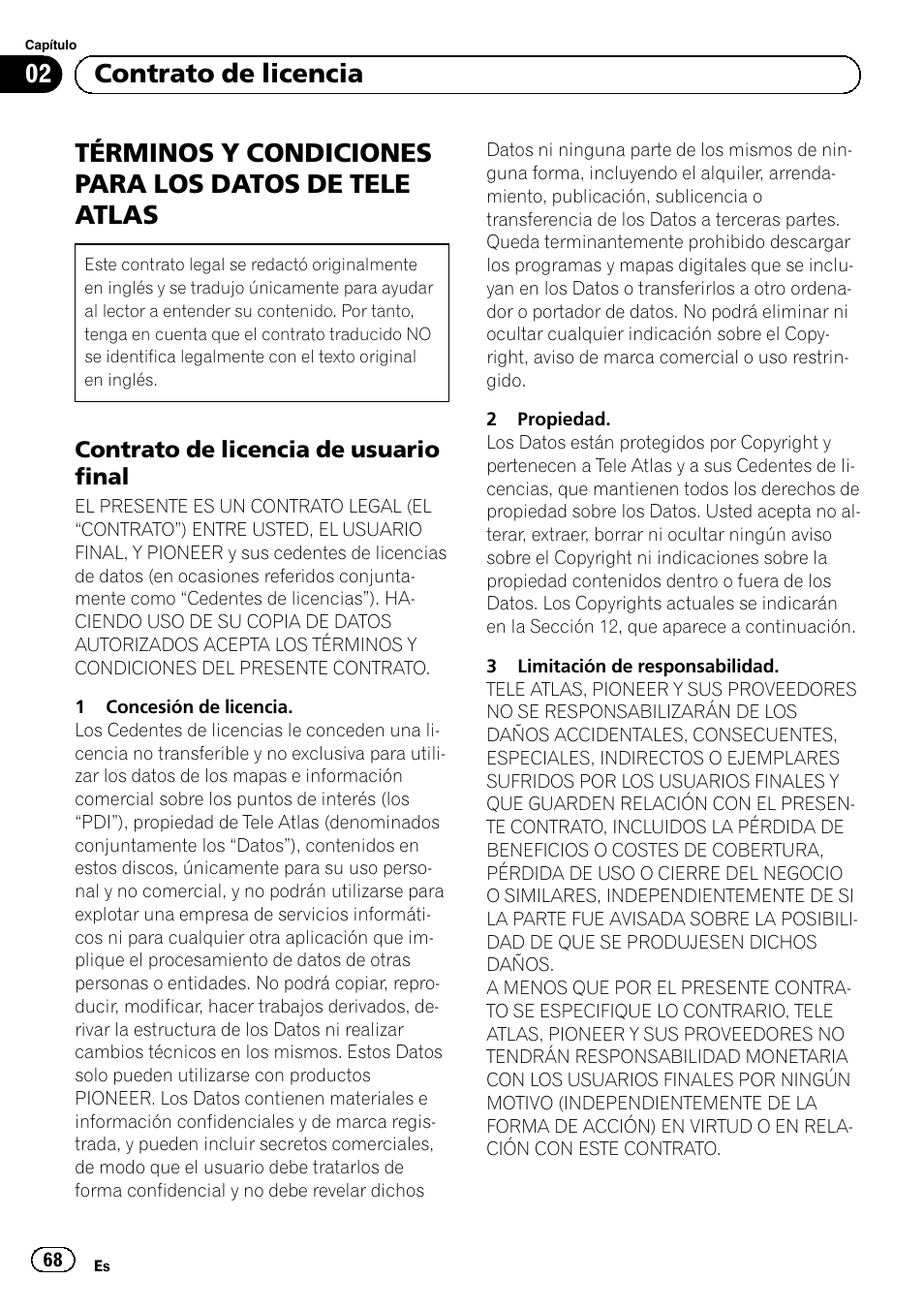 Términos y condiciones para los, Datos de tele atlas, Contrato de licencia de usuario | Final, 02 contrato de licencia | Pioneer AVIC-F30BT User Manual | Page 68 / 124