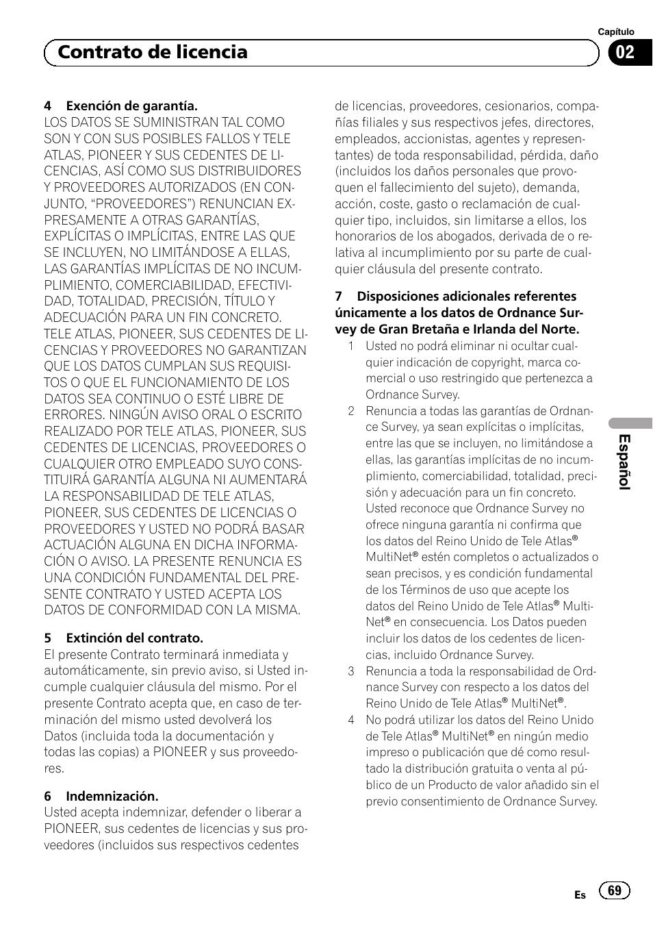 02 contrato de licencia, Español | Pioneer AVIC-F30BT User Manual | Page 69 / 124
