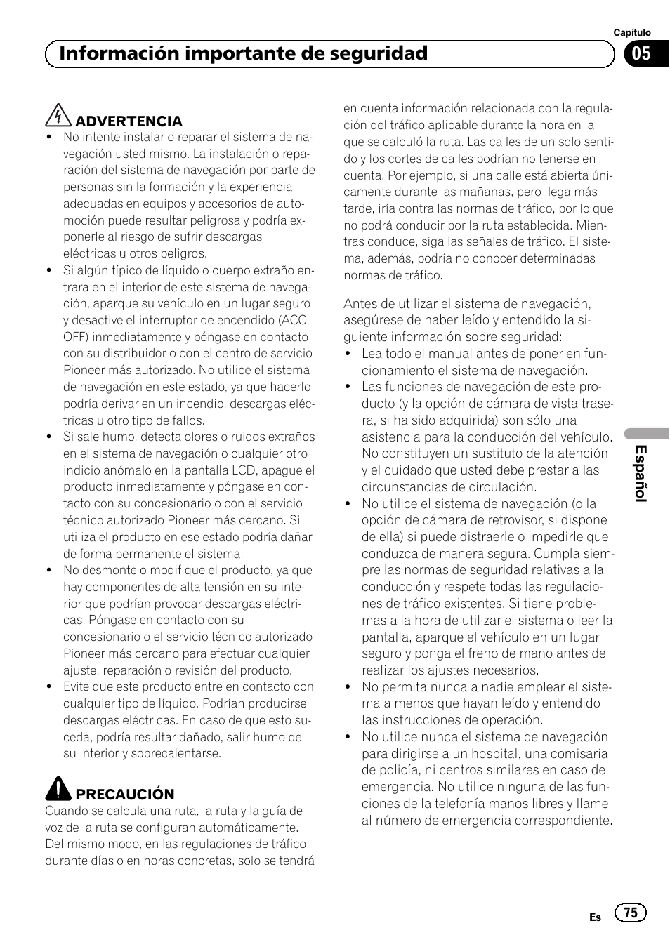 Información importante de seguridad, 05 información importante de seguridad | Pioneer AVIC-F30BT User Manual | Page 75 / 124