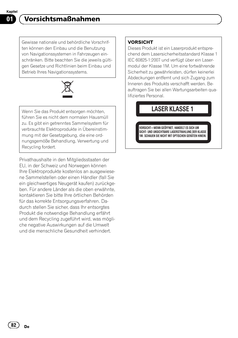 Vorsichtsmaßnahmen, Laser klasse 1, 01 vorsichtsmaßnahmen | Pioneer AVIC-F30BT User Manual | Page 82 / 124