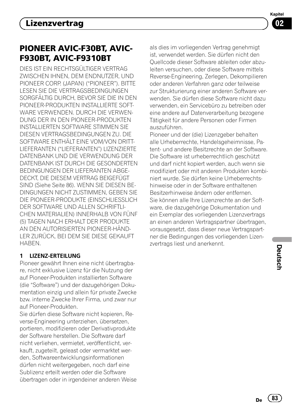F9310bt, 02 lizenzvertrag | Pioneer AVIC-F30BT User Manual | Page 83 / 124