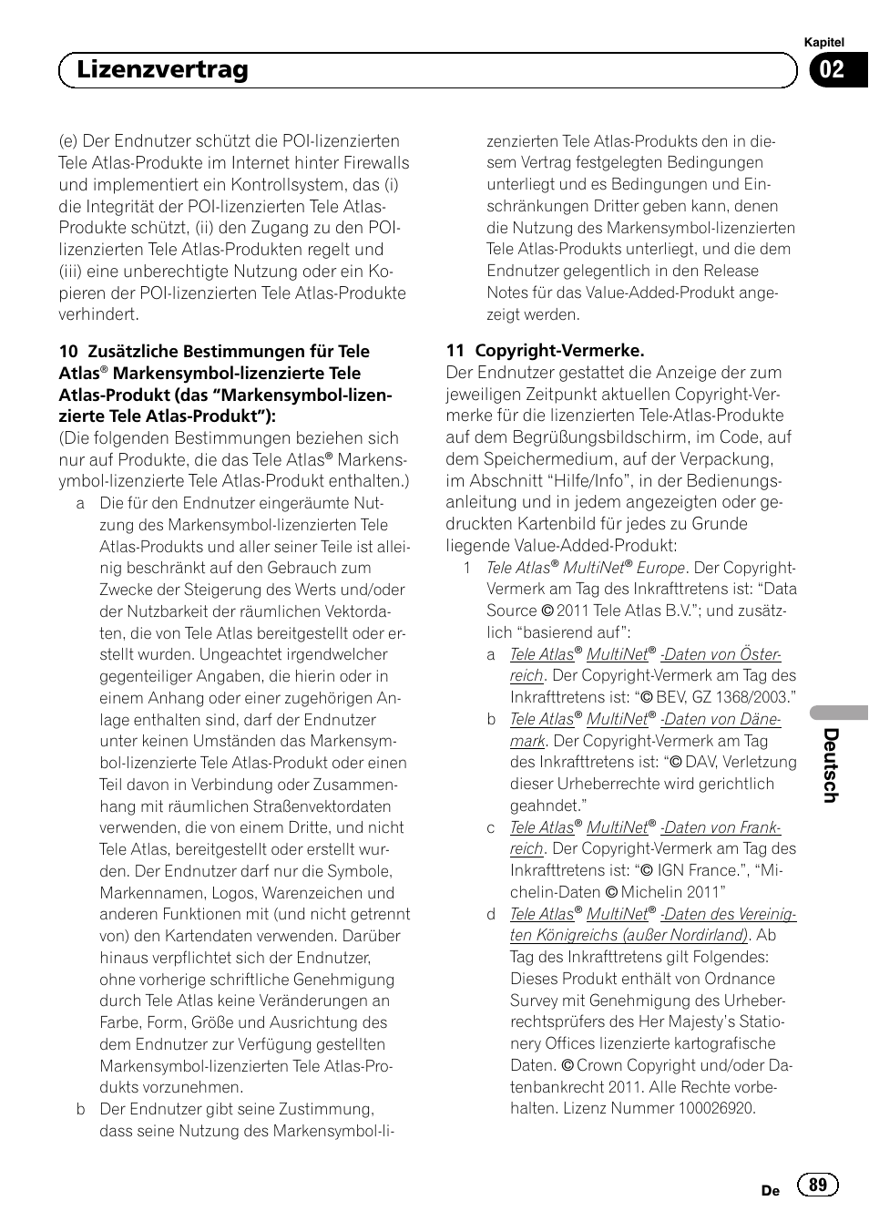 02 lizenzvertrag, Deutsch | Pioneer AVIC-F30BT User Manual | Page 89 / 124