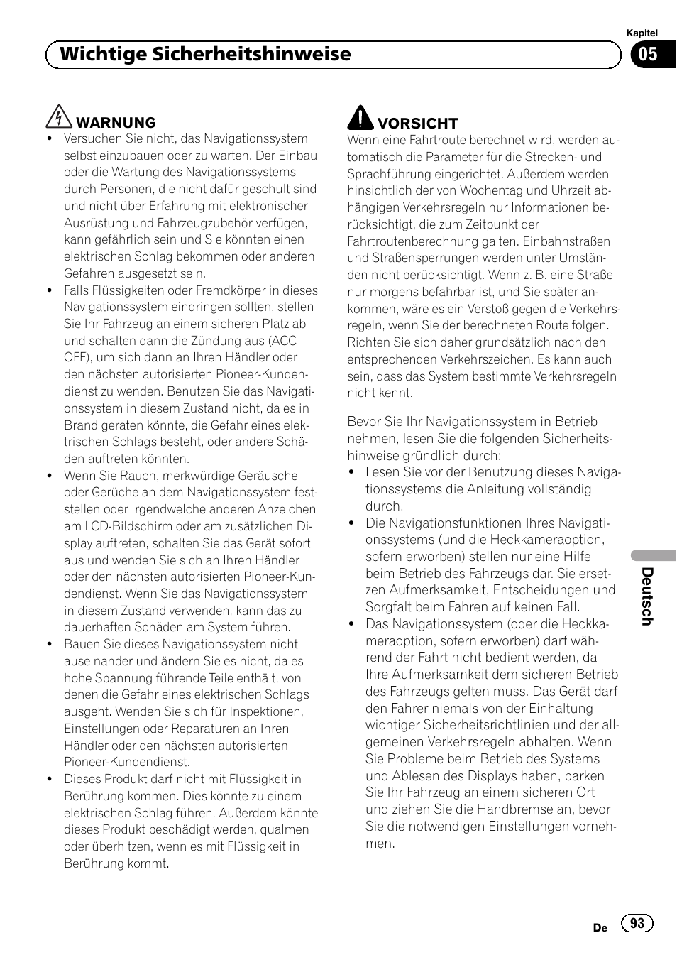 Wichtige sicherheitshinweise, 05 wichtige sicherheitshinweise | Pioneer AVIC-F30BT User Manual | Page 93 / 124