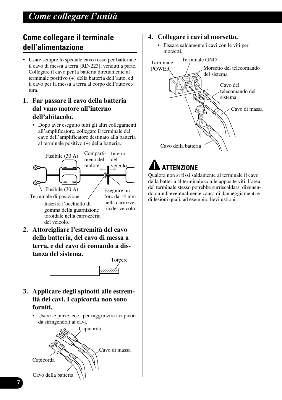 Come collegare il terminale, Dell’alimentazione, Come collegare l’unità | Come collegare il terminale dell’alimentazione | Pioneer GM-3200T User Manual | Page 56 / 85