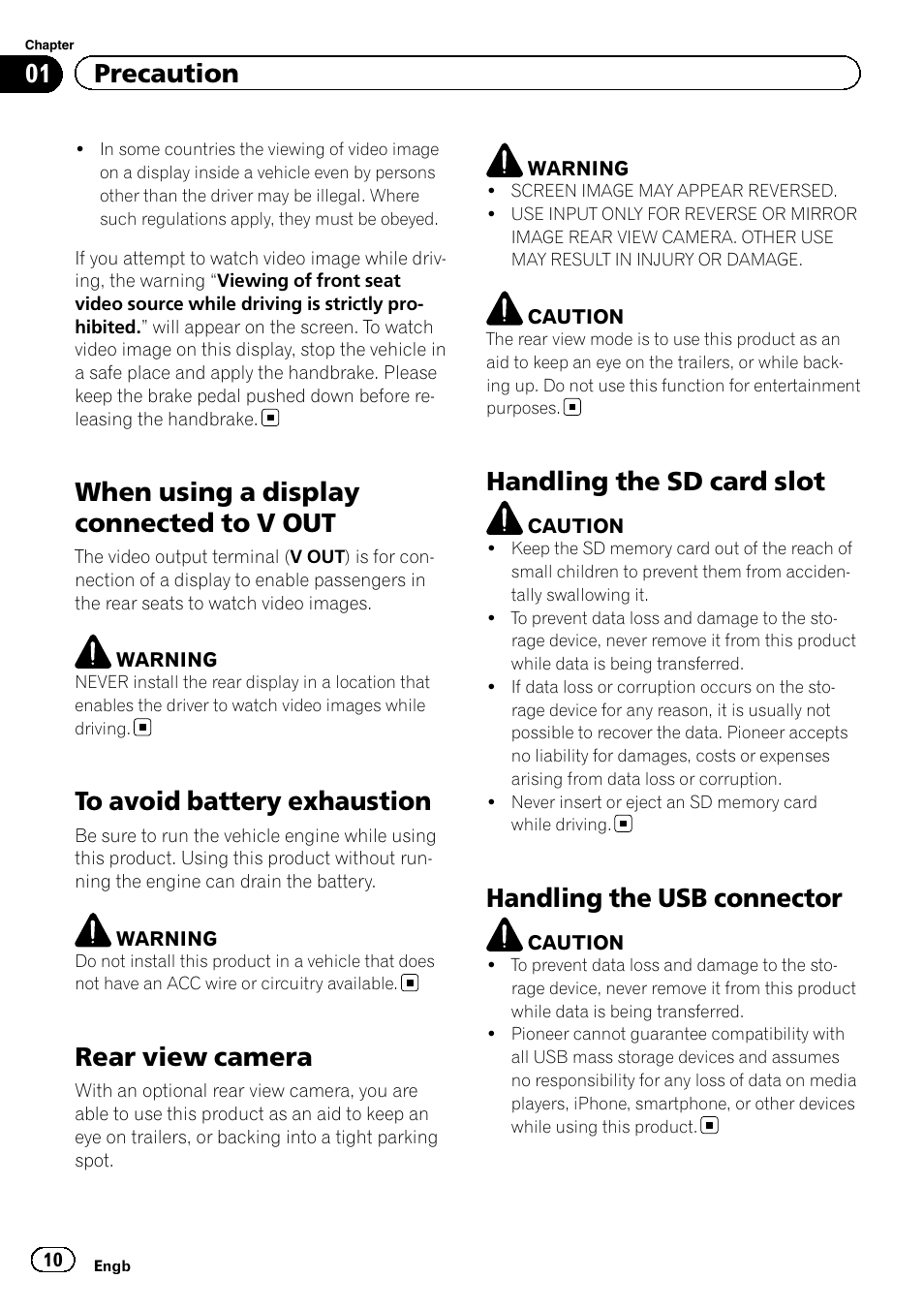 When using a display connected to v, To avoid battery exhaustion, Rear view camera | Handling the sd card slot, Handling the usb connector, When using a display connected to v out, 01 precaution | Pioneer AVH-X8600BT User Manual | Page 10 / 156