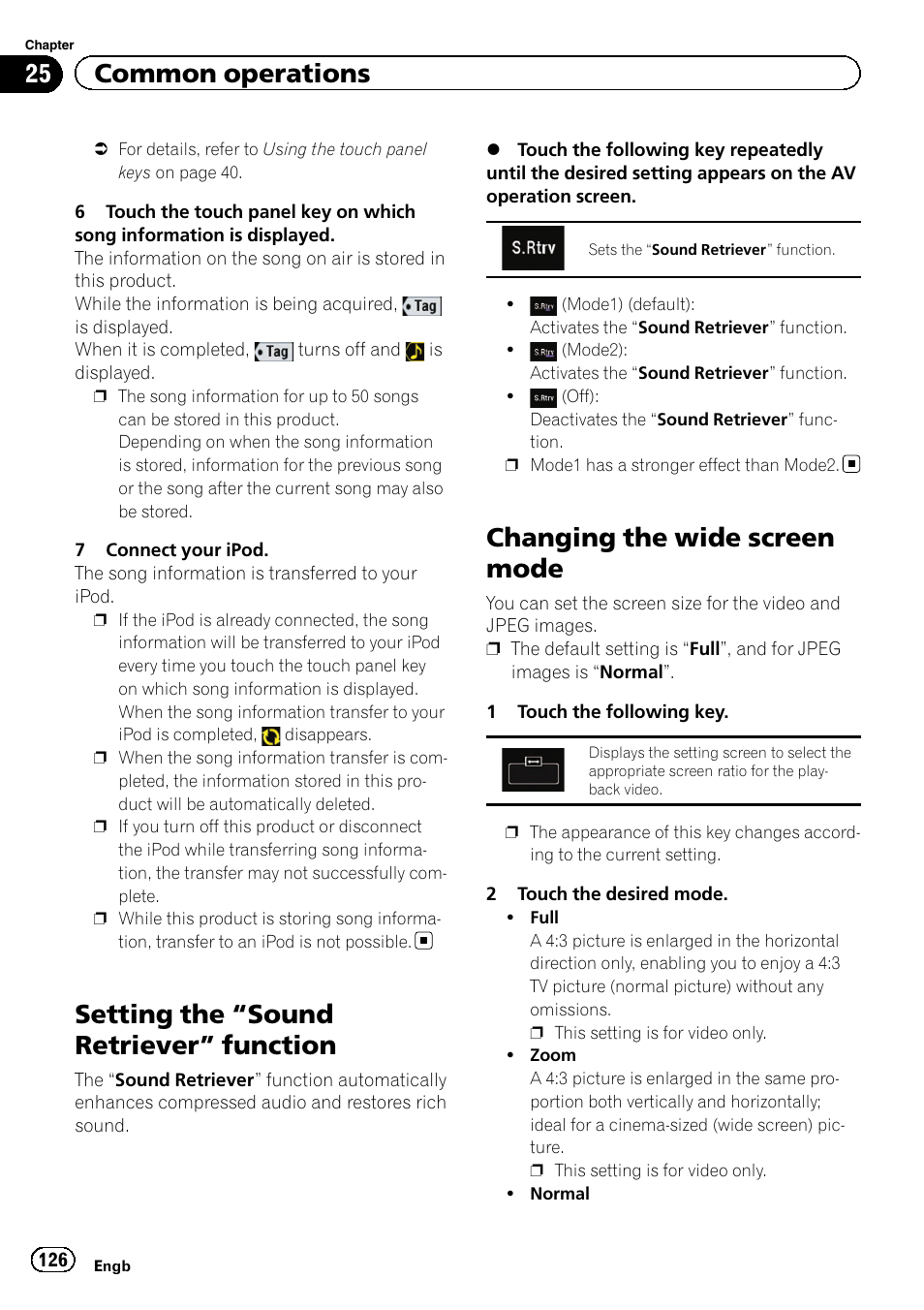 Setting the, Sound retriever” function 126, Changing the wide screen mode | Setting the “sound, Retriever, Changing the wide, Setting the “sound retriever ” function, 25 common operations | Pioneer AVH-X8600BT User Manual | Page 126 / 156