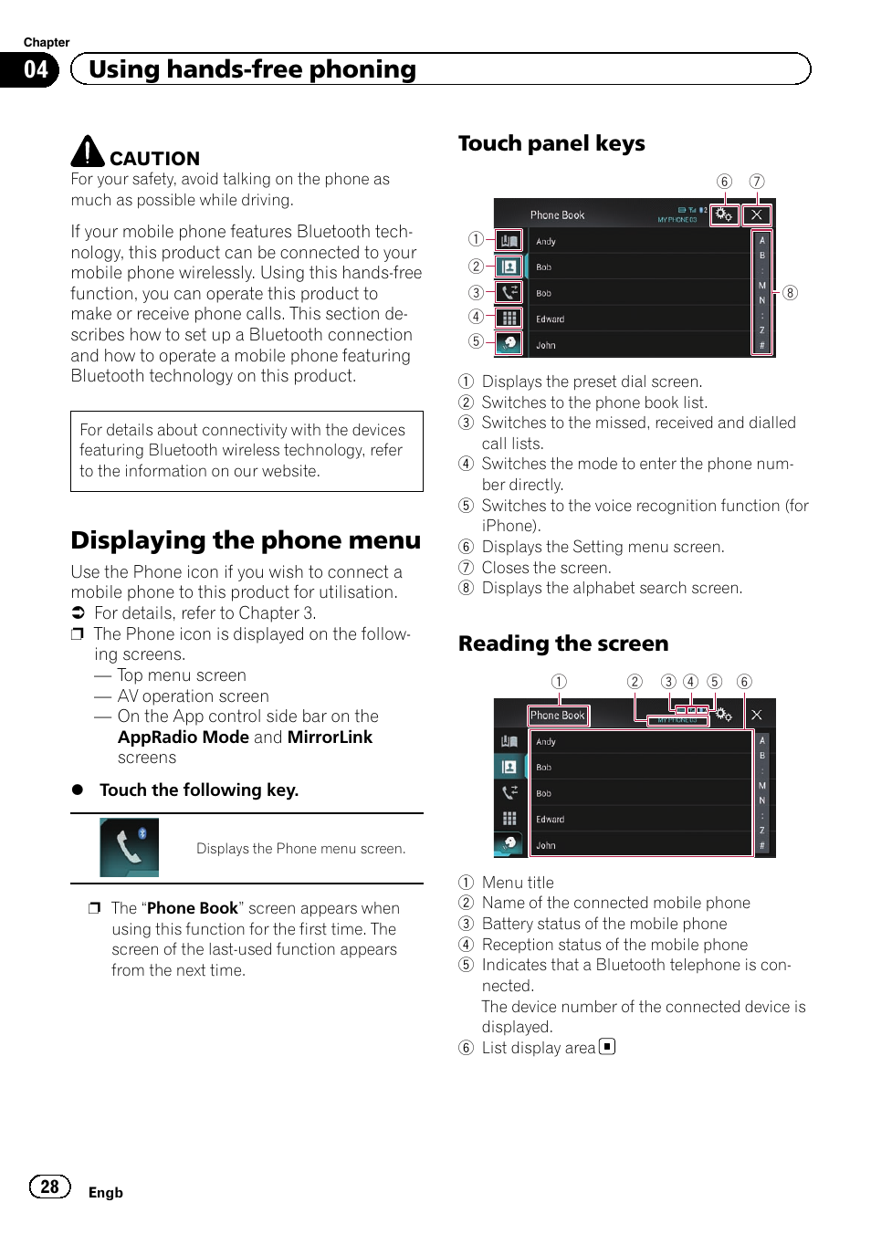 Using hands-free phoning displaying the phone menu, Touch panel keys 28, Reading the screen 28 | Displaying the phone, Displaying the phone menu, 04 using hands-free phoning, Touch panel keys, Reading the screen | Pioneer AVH-X8600BT User Manual | Page 28 / 156