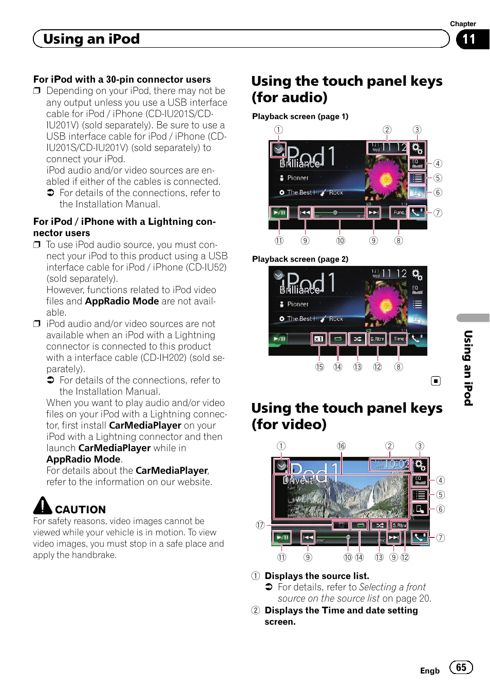 Using the touch panel keys (for video), Using the touch panel keys (for audio), Using an ipod | Pioneer AVH-X8600BT User Manual | Page 65 / 156