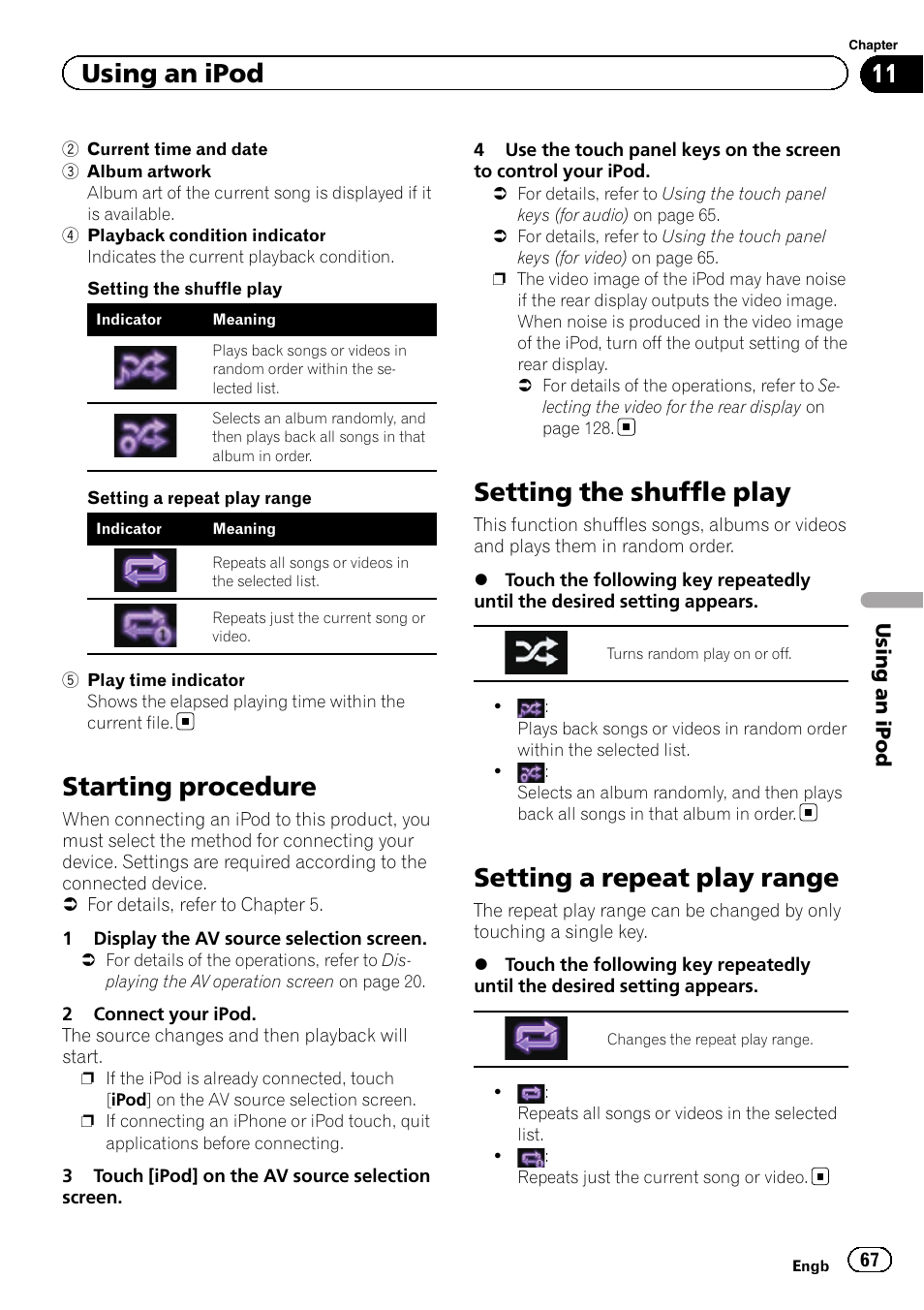 Starting procedure, Setting the shuffle play, Setting a repeat play range | Setting the shuffle, Setting a repeat play, Using an ipod | Pioneer AVH-X8600BT User Manual | Page 67 / 156