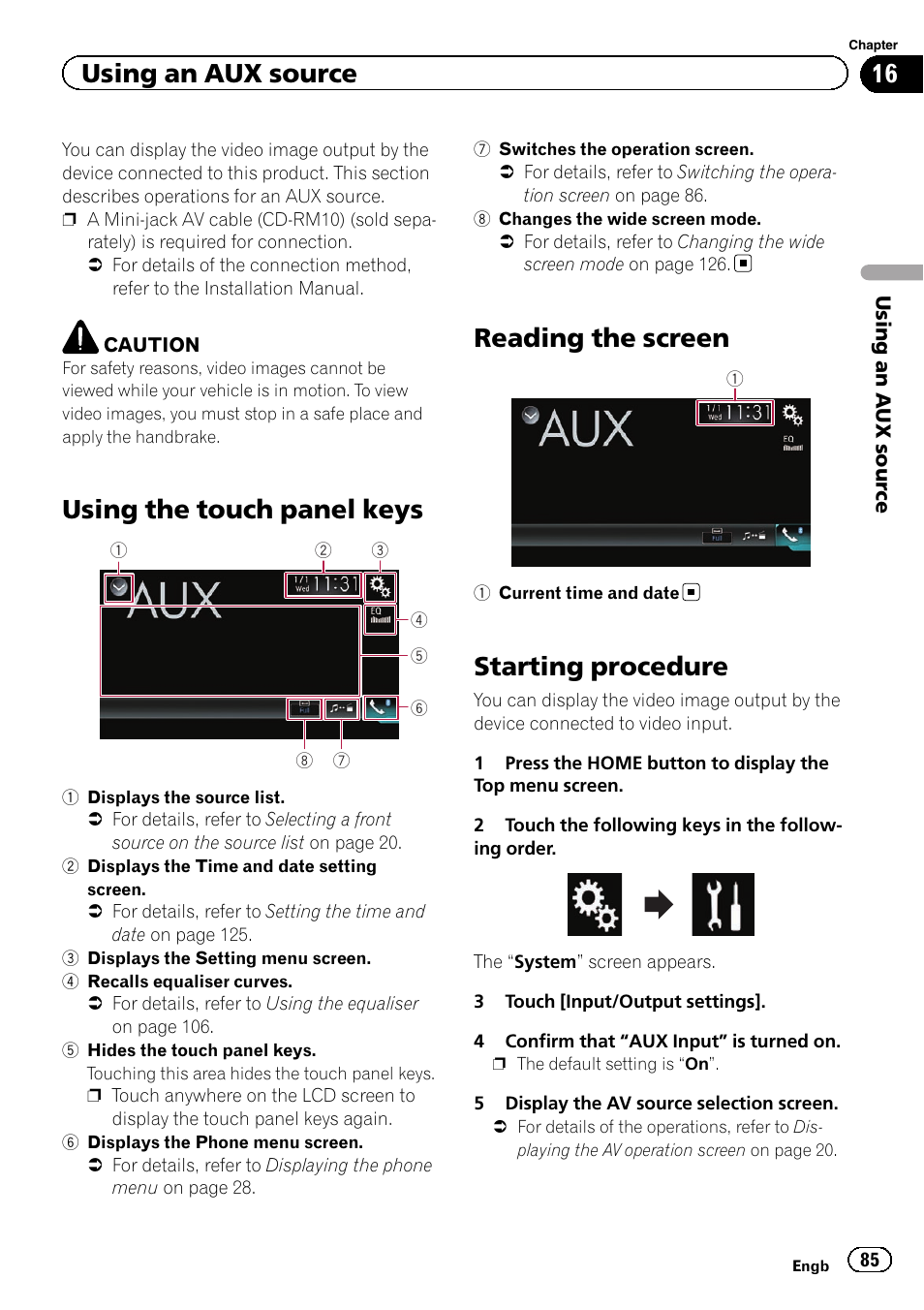 Using an aux source using the touch panel keys, Reading the screen, Starting procedure | Using the touch panel keys, Using an aux source | Pioneer AVH-X8600BT User Manual | Page 85 / 156