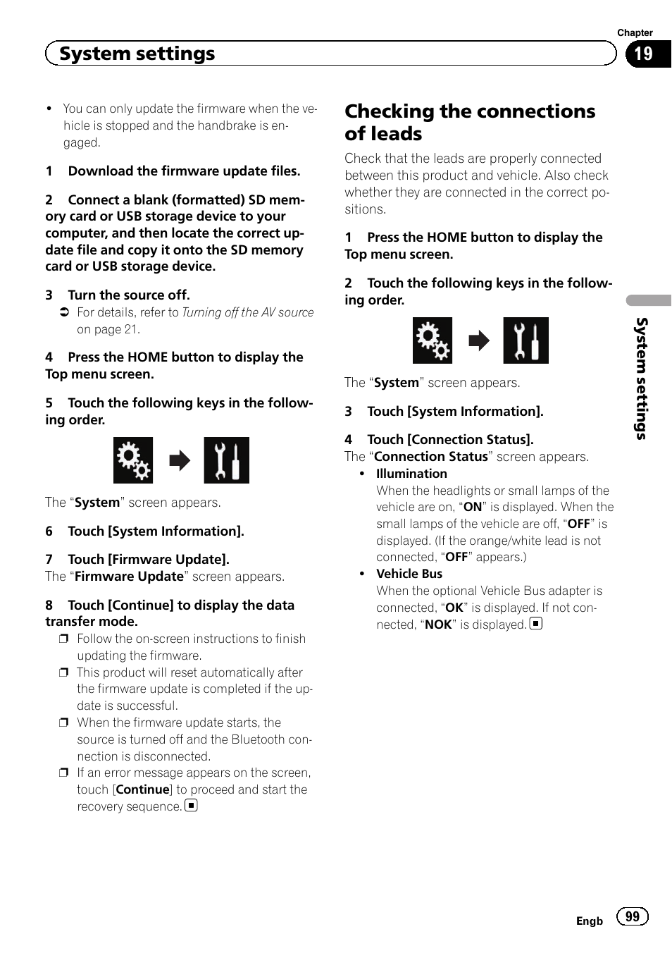 Checking the connections of leads, System settings | Pioneer AVH-X8600BT User Manual | Page 99 / 156