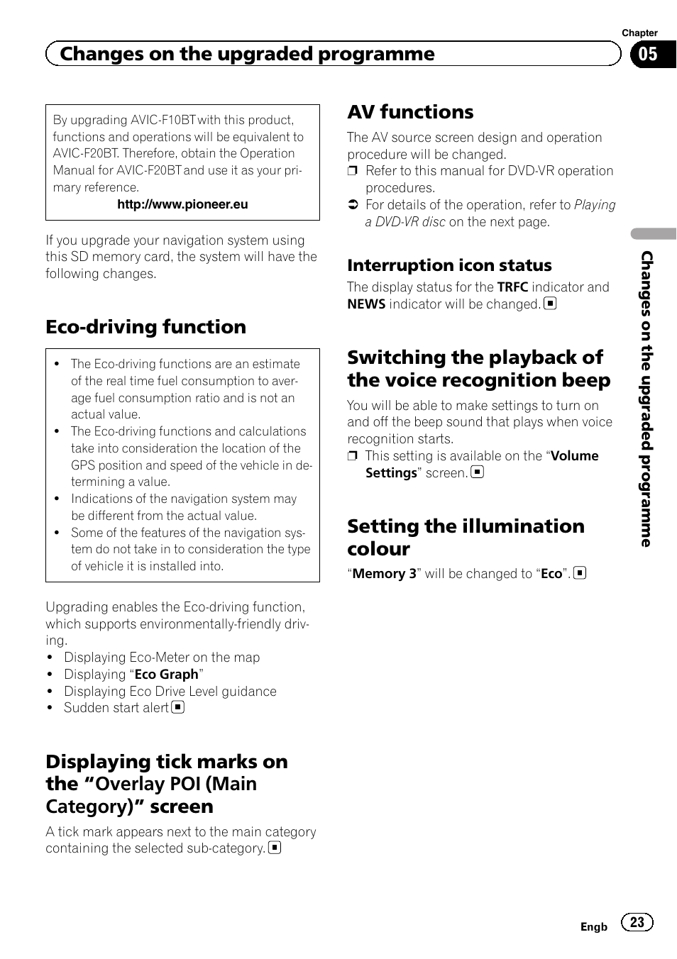 Displaying tick marks on the, Overlay poi, Main category) | Screen 23, Av functions, Interruption icon status 23, Switching the playback of the voice, Recognition beep, Setting the illumination colour, Eco-driving function | Pioneer CNSD-110FM User Manual | Page 23 / 32