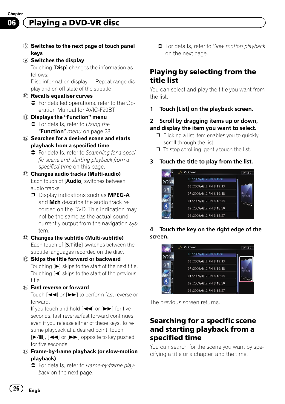Playing by selecting from the title, List, Searching for a specific scene and | Starting playback from a specified time, Playing by selecting, 06 playing a dvd-vr disc, Playing by selecting from the title list | Pioneer CNSD-110FM User Manual | Page 26 / 32